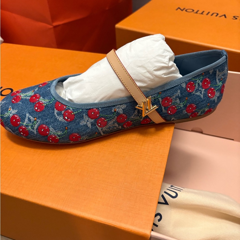 NWT Louis Vuitton X Murakami Denim Cherry 🍒 Flats with Gold Accent
